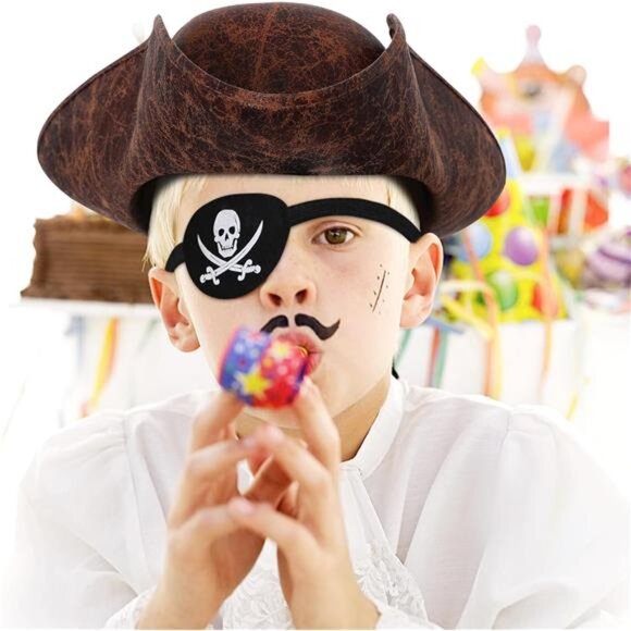 Pirate Hat Costume Tricorn Hat With Eye Patch & Necklaces - Picture 3 of 5